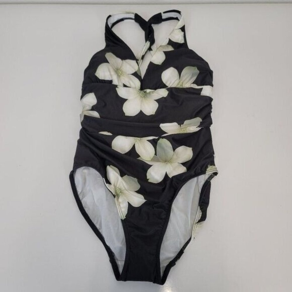 Lauren Ralph Lauren Slimming One Piece Swimsuit Black Floral womens size 4 NWT